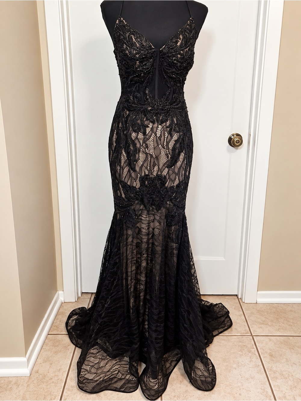 Gianni Bini Black Lace Mermaid Gown with Nude Underlay Size 3